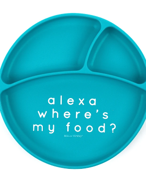 Blue divided plate with the words "Alexa where's my food?"