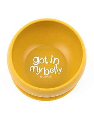 Gold bowl with the words "Get in my belly"
