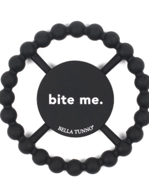 Black baby teether with the words "bite me."