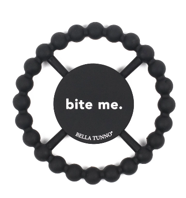Black baby teether with the words "bite me."